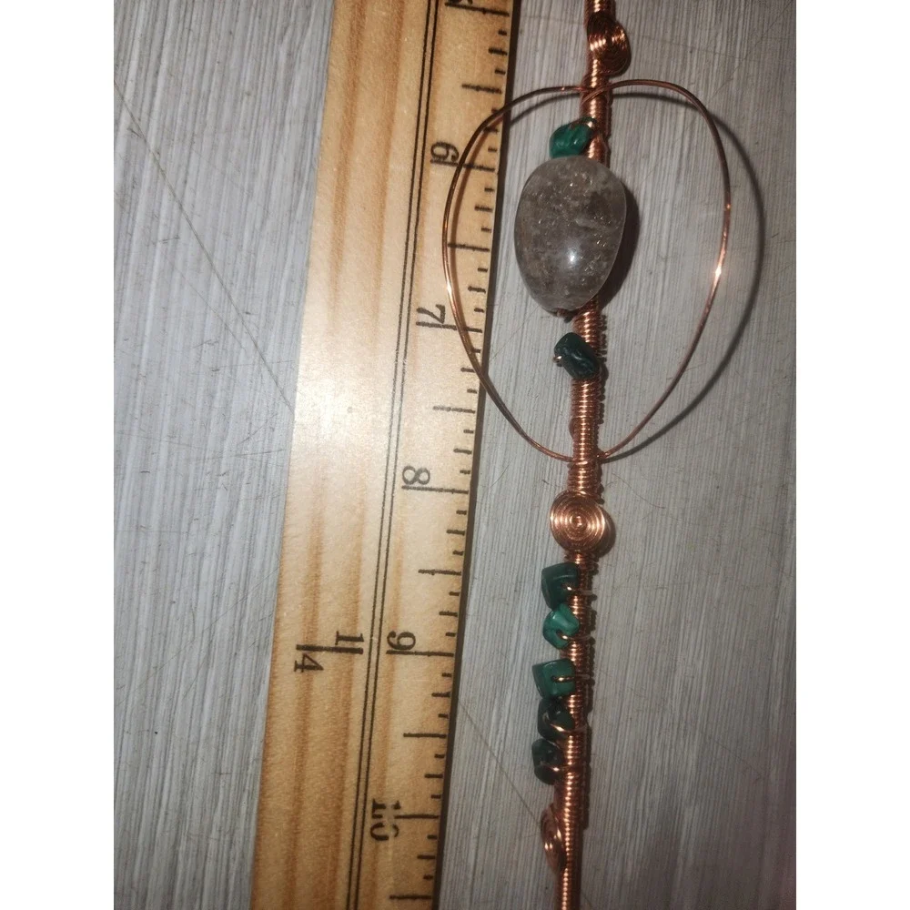 Malachite Rutilated Quartz Copper Wire Wrapped Feather Hair Pin Wand 14.5 Inch
